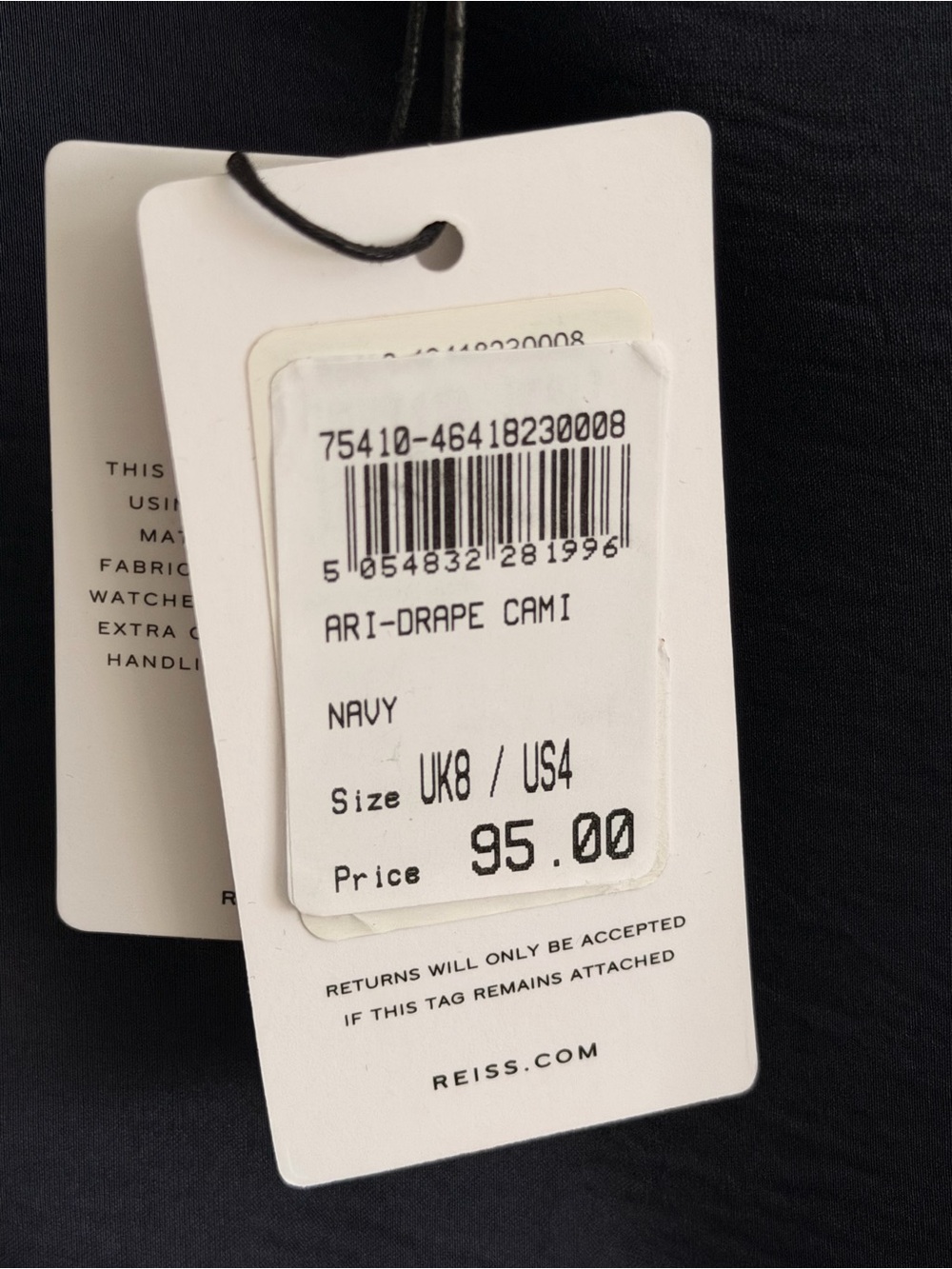 NWT Reiss Navy Satin Square-Neck Camisole with Slim Straps - Picture 4 of 5